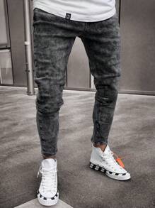 Men's New Snowflake Design Skinny Fit Slim Leg Casual Jeans - Black - View 1