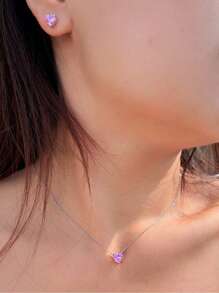 1 Set 5A Grade Cubic Zirconia 925 Sterling Silver Classic Heart Shaped Pink Pendant Necklace And Earrings, Engagement, Daily Party Jewelry Sets For Women, Anniversary Holiday Gifts