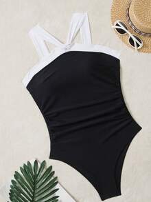New Women One-Piece Swimsuit, Conservative & Minimalist Style, Black Nylon Fabric, Tummy-Slimming, Asymmetric Shoulder Strap, Backless Design, Suitable For Holiday, Party, Swimming