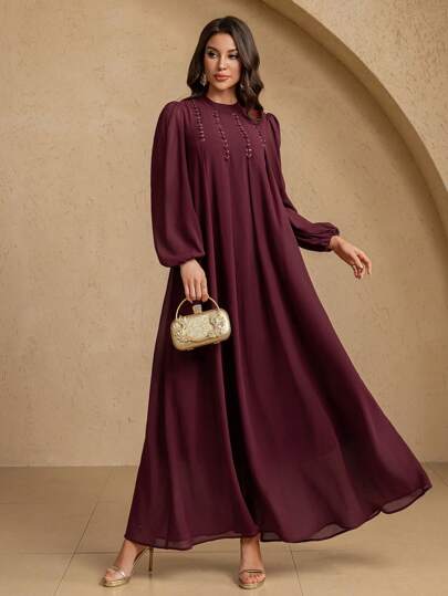 女式立领长袖水钻装饰简约阿拉伯风优雅连衣裙，端庄大方