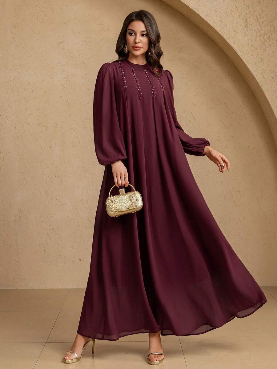 女式立领长袖水钻装饰简约阿拉伯风优雅连衣裙，端庄大方 - 酒紅色 - 查看 1