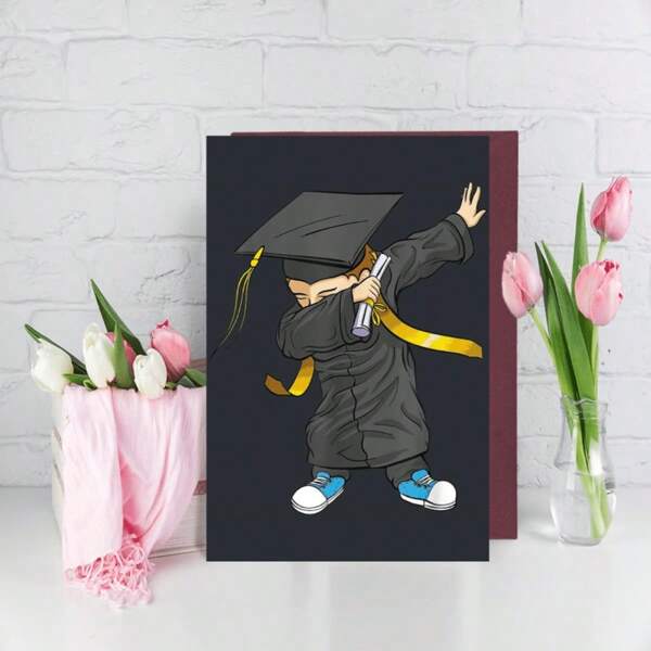 1pc Graduation Card With An Image Of A Person Wearing A Graduation Gown And Cap With A Yellow Tassel, Suitable As A Gift Card For Family And Friends