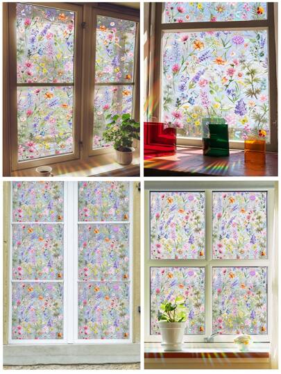 1ชิ้น/1ชุด 2ชิ้น สติกเกอร์ติดกระจกแบบสถิต 2D แบน, สติกเกอร์ติดหน้าต่างแบบสถิตลายดอกไม้สีสันสดใส, Iridescent, สติกเกอร์ตกแต่งกระจกบ้าน, แบบมีกาวในตัว