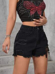 Shorts de mezclilla negros casuales para mujer con detalles desgastados y dobladillo crudo, pierna recta sin estiramiento