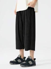 Calça capri plus size preta de seda cintura alta, adequada para o verão - Preto - Ver 4
