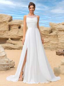 Elasola Vestido de novia simple y elegante con cremallera en la espalda, diseño de malla y parches con pliegues - Blanco - Ver 3