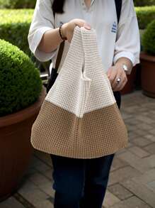 唯美针织包女士镂空钩针包手提包大容量手工手提包夏季沙滩编织单肩包度假休闲手提包 - 彩色 - 查看 7