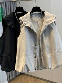 Autumn New Fashion Versatile Ruffle Hem Design Solid Color Woven Loose Casual Sleeveless Women Hooded Vest Spring - Khaki - View 9