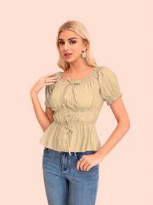 Blusa top lazo frontal lace up con manga corta abombada y bordado. - Beis - Ver 4