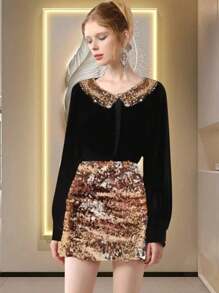 Vestido Corto Elegante Lentejuelas Manga Larga Fiesta Mujer - Dorado - Ver 2
