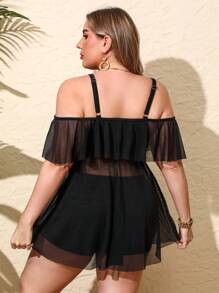 Women's Plus Size Vacation Summer Beach Front Drawstring Mesh Skirt Tankini Set