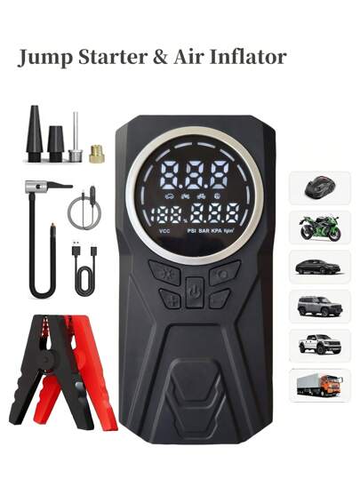 Arrancador de salto con compresor de aire, arrancador portátil de batería de automóvil de 500A (6.0 Gas/6.0 Litros), equipado con inflador de neumáticos automático de 150PSI con apagado automático, caja de salto de litio de 12V Supercharged para automóvil