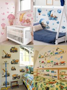 1pc/1set 2pcs Pink & Blue Teddy Bear & Car Patterned Traffic Light Wall Stickers, Decorative Wall Decals For Living Room, Bedroom