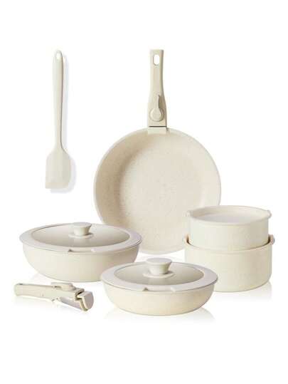 12 Pcs Pots And Pans Set, White Granite Nonstick Cookware Sets Detachable Handle, Stackable Induction Kitchen Cooking Set, Stain & Scratch-Resistant