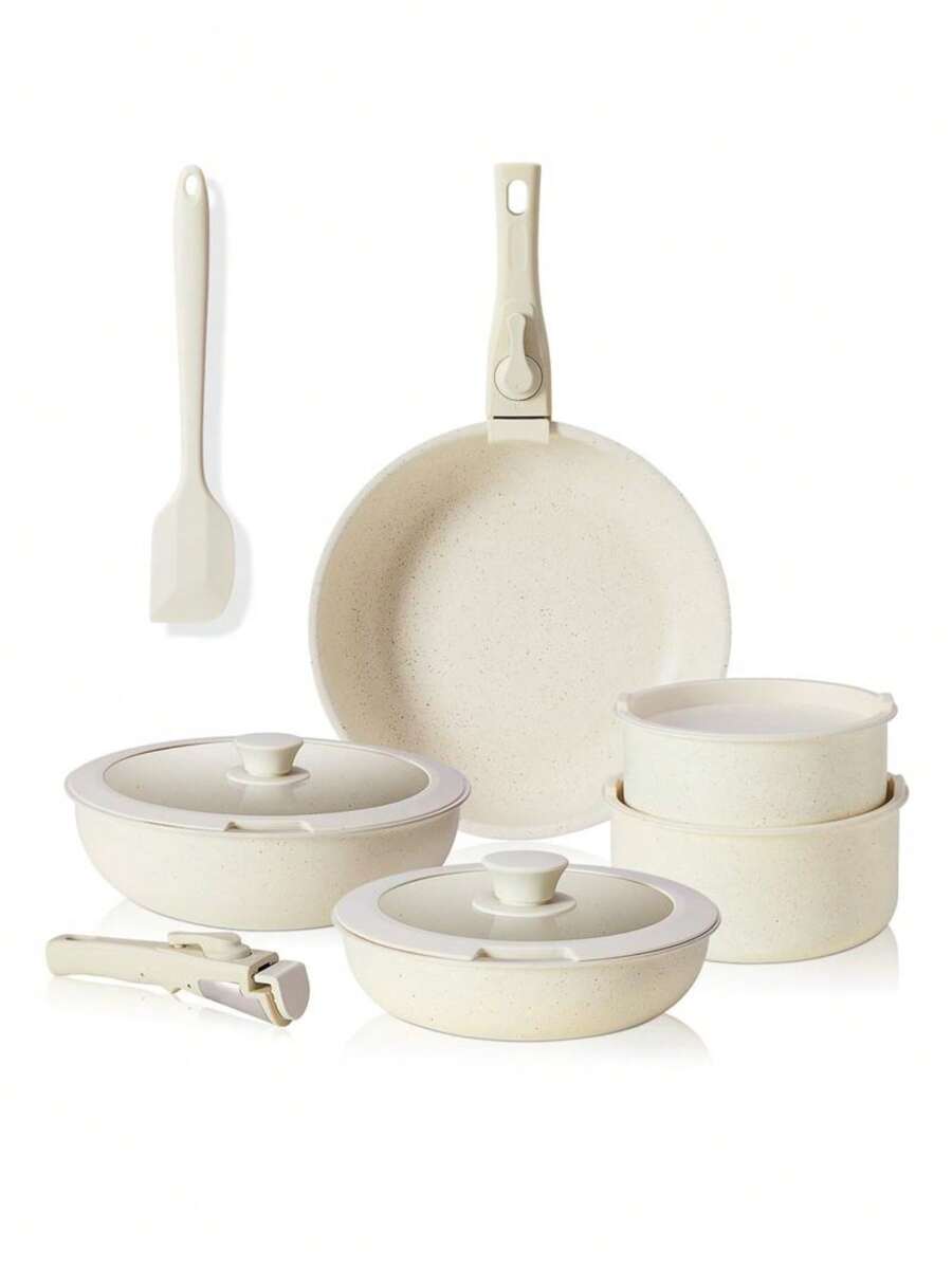 12 Pcs Pots And Pans Set, White Granite Nonstick Cookware Sets Detachable Handle, Stackable Induction Kitchen Cooking Set, Stain & Scratch-Resistant - 白色 - 查看 1