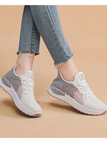 针织撞色透气白主色清新百搭灰条纹装饰透气运动鞋，时尚简约休闲跑步鞋