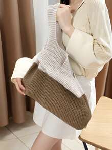 唯美针织包女士镂空钩针包手提包大容量手工手提包夏季沙滩编织单肩包度假休闲手提包 - 彩色 - 查看 2