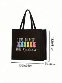 Colorful Cartoon Rabbit Pattern Printed Black Linen Handbag,Cute Rabbit Pattern,"Treat All With Kindness"Pattern ,Easter Bunny,Large Capacity Cosmetic Bag With Hand Rope,Hanging Toiletry Bag,Travel Cosmetic Bags