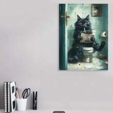 Framed Humorous Black Cat On Toilet Reading Newspaper Canvas Art Print - Unique Bathroom Wall Decor For Cat Lovers - Canvas Poster - Framed - View 4