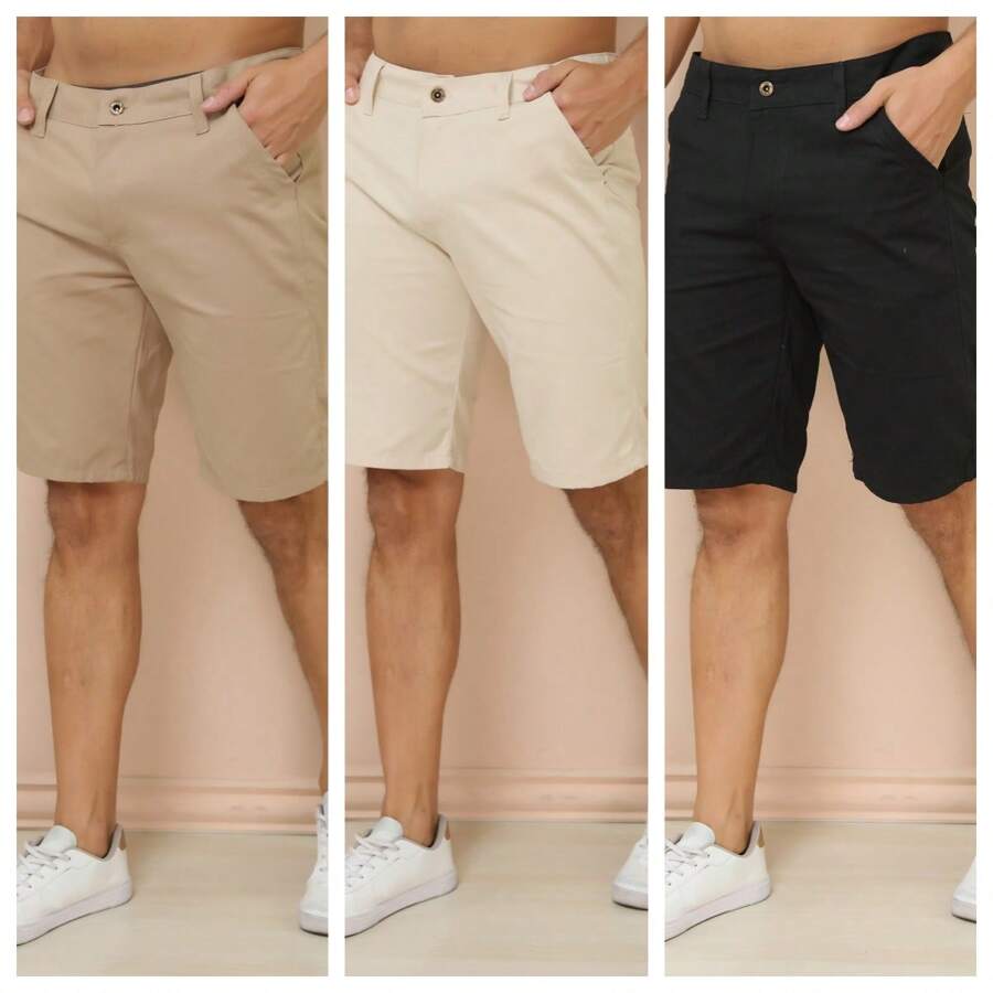 Kit 3 Men's Twill Shorts With Built-In Pocket, Premium Economy - Caqui+Preta+Bege - View 1