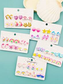 12 件/套女孩美人鱼贝壳无痛夹式耳环，可爱卡通树脂珠宝配饰，日常佩戴 - A - 查看 1