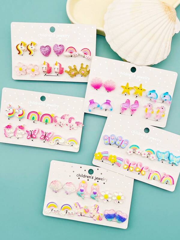12Pcs/Set Girls Mermaid Shell Painless Clip-On Earrings, Cute Cartoon Resin Jewelry Accessories, Daily Wear