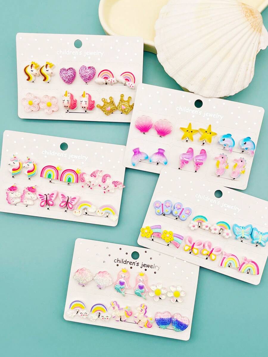 12 件/套女孩美人鱼贝壳无痛夹式耳环，可爱卡通树脂珠宝配饰，日常佩戴 - A - 查看 1