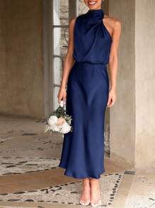 Women's Summer Satin Dress Elegant Sleeveless Fake Neckline Cocktail Gown - 深藏藍色 - 查看 5