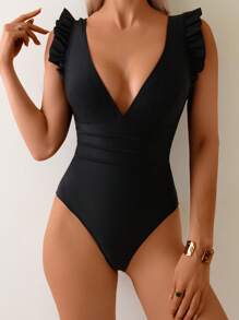 Women's Sexy Deep V-Neck Cap Sleeve One-Piece Swimsuit, For Summer Beach Vacation - Black - View 1