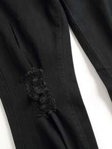 男士直筒破洞牛仔裤，弹力棉质牛仔布休闲破洞牛仔裤，Emo 风格 - 黑色 - 查看 3