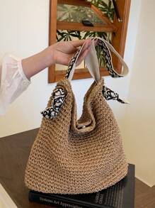 Minimalist Large Capacity Magnetic Closure Design Straw Tote Shoulder Bag, Versatile For Daily Outings, Beach, Vacation