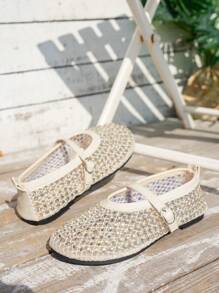 Sandal đế bằng mùa hè cho nữ, chất liệu lưới rỗng, đính đá lấp lánh, thoáng khí, thích hợp cho hoạt động ngoài trời, giày khiêu vũ/ba lê/thường ngày/đi bộ dáng rộng thời trang mới. Vui lòng tham khảo chiều dài chân thực tế khi đặt size. - Màu be - Xem 6