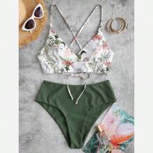Maillots de bain pour femmes, bikini imprimé, taille fleurie, ensembles de vêtements de plage, deux femmes, maillot de bain deux-pièces, maillots de bain une-pièce, ensemble tankini