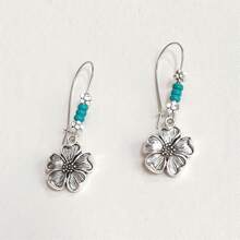 1 Pair Boho Style Vintage Blue Bead & Flower Dangle Earrings, Everyday Party Jewelry Gift