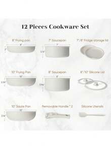 12 Pcs Pots And Pans Set, White Granite Nonstick Cookware Sets Detachable Handle, Stackable Induction Kitchen Cooking Set, Stain & Scratch-Resistant - 白色 - 查看 3