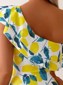 1 pieza Traje de baño de una pieza con hombro descubierto, volantes y estampado de limón, para mujer, para vacaciones de verano en la playa