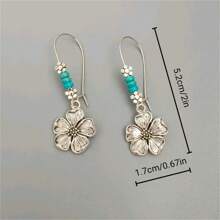 1 Pair Boho Style Vintage Blue Bead & Flower Dangle Earrings, Everyday Party Jewelry Gift