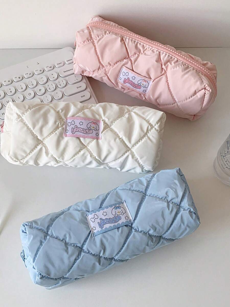 1pc Cute And Fashionable Candy Color Large Zipper Pencil Case, Soft Girl Style Student Stationery Storage Bag, Cream Down Fabric Storage Pouch - Multicolor - View 1