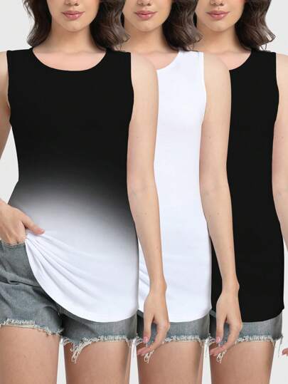 Speed mate [Spring/Summer] 3pcs Women's Long Sports Vest Round Neck T-Shirts Casual Loose Side Basic Tunic Tops