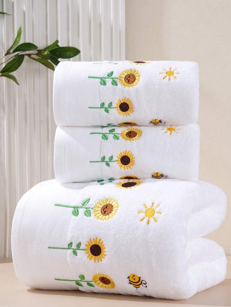 QIBHI 3/2/1件(S) 毛圈刺绣浴室毛巾或面巾，家居装饰，向日葵，乡村风格，适用于浴室、酒店、健身房、旅行、礼品、沙龙、运动、户外、海滩、学校、返校季、旅行配件、家居必备、毛巾、护肤 - 白色 - 查看 1