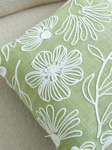 1pc Green Flower & Leaf Embroidered Decorative Pillow Cover, Suitable For Indoor Decor, 4-Season, Without Insert - Green - View 3