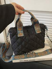 Stylish Quilted Nylon Crossbody & Shoulder Bag For Girls - , Casual With Zip Closure, Polyester Lining, And Adjustable Patterned Strap - Perfect For Everyday Use - Black - View 3