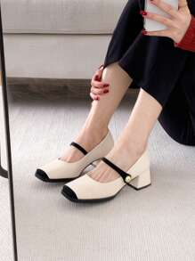 Xin Jing Shoes New Fashion Women's Chunky Heel Pumps With Color Block Design, Elegant, Mary Jane - Beige - View 8