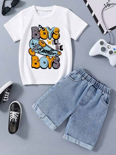 Tween Boy Letter Print Kortärmad T-shirt och jeansshorts Set
