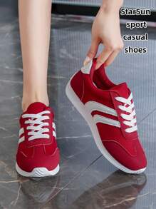 Damen Mehrfachfunktions Orthopädische Schuhe für alle Jahreszeiten, wasserdicht rutschfest leicht zu reinigen mit rundem Zehenbereich, flache bequeme vielseitige Sneaker, Farbblock Retro Skater Schuhe, Rot/Grün/Gelb, Größe 35-43 Große Größen