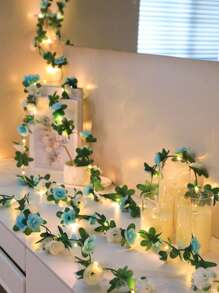 1pc 24LED 2.4M Blue+White Small Rose Vine String Light, For Balcony, Window, Bedroom, Dining Room, Garden Decor, Desktop, Romantic Decoration, All Seasons