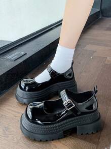 Dam vintage Chunky Sole Black Mary Jane Flats, modependlarskor för klänningar, vår och höst - Svart [ljust läder] - Visa 1