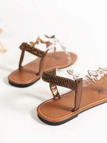 Women's 2025 Summer New Fashion Open Toe Crystal Butterfly Decor Classic Brown Sandals, Flat Comfortable Non-Slip, Outdoor Casual Beach Holiday Style