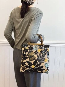 时尚彩色亮片对比网眼刺绣提花优雅女士竹制手柄手提包亚麻手提包，派对/节日风格晚装包