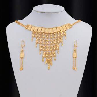 3pcs Rose Flower Geometric Pattern Charm Pendant, Choker Necklace, Clavicle Chain Earrings Set, Elegant & Luxurious, Suitable For Wedding Bride, Mother's Day, Valentine's Day Gift For Her